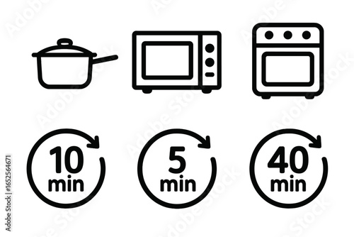 Cooking time and method icons set. Food preparation instructions for pan, microwave, and oven. Timer symbol with minutes. Vector elements for food packaging guide.