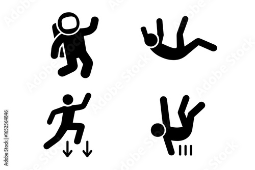 Gravity solid icons set. Vector pictograms of human interaction with physics. Includes floating astronaut in zero G, falling person, jumping man, and landing impact symbol.