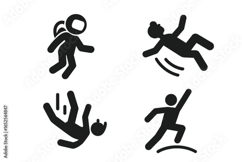 Gravity vector icon set. Human interaction with physics force. Includes floating astronaut, falling person, and jumping athlete. Concepts of weightlessness, motion, and risk.
