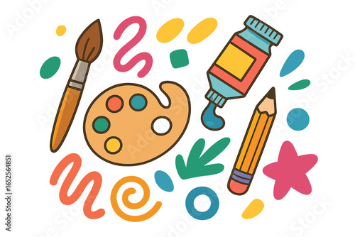 Creative graphic design elements. Art tools and shapes in a colorful arrangement for artistic projects. Vector cartoon illustration of paintbrush, palette, pencil, and paint tube.