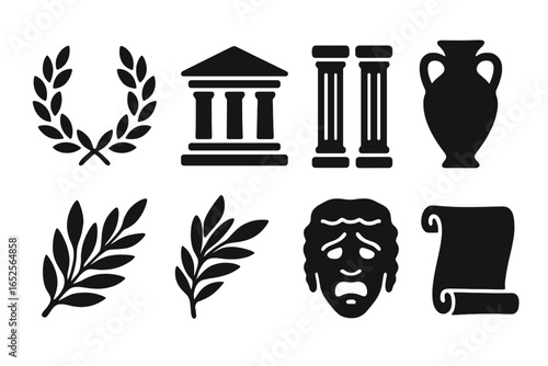Ancient Greece icon set. Solid black glyph collection of Hellenic symbols. Vector illustration of laurel wreath, temple, pillar, amphora, olive branch, tragedy mask, scroll.
