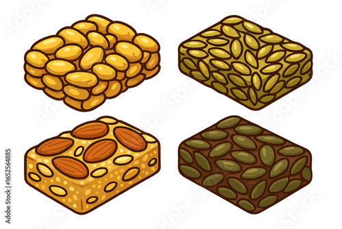 Set of cartoon granola bars with nuts and seeds. Healthy snack food icon collection. Isometric vector illustration of protein and energy bars for diet and fitness concept.