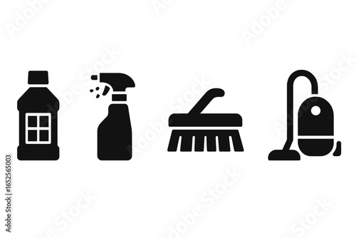 Cleaning service solid glyph icons set. Grout maintenance tools collection. Household chores equipment. Janitorial supplies like cleaner bottle, spray, brush, and vacuum cleaner.