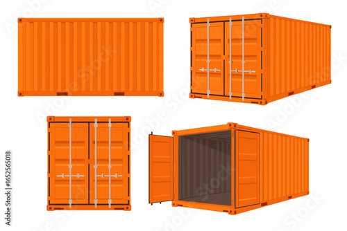 Set of shipping containers for freight and cargo transportation. Isometric, front, and side views. Open and closed metal sea can for logistics, storage, and delivery industry.