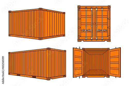 Cargo container set for logistics and freight transportation. Open and closed shipping containers from different angles. Vector illustration for delivery, storage, and import/export.