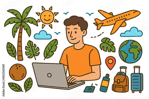 Digital nomad lifestyle concept. Man working on laptop computer. Remote work and travel icon set. Freelancer on tropical summer vacation. Online business and freedom journey.