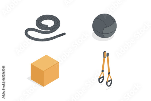 Gym equipment icon set for functional training. Isometric vector illustration of a battle rope, medicine ball, plyometric box, and suspension trainer for fitness workouts.
