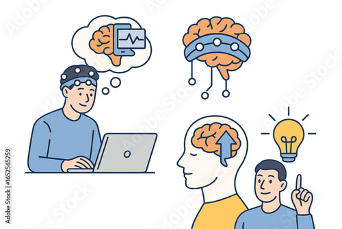 Brain computer interface and cognitive enhancement concept. Neurotechnology, EEG headset, and AI. Mental performance, idea, and innovation. Neuroscience research vector set.
