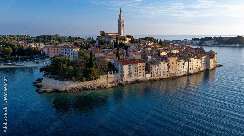 Obraz premium Aerial view of charming coastal town at sunset