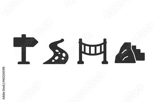 Hiking Trail Icons Set, Solid Filled Vector Graphics of Wooden Signpost, Footpath with Dirt Steps, Rope Bridge, Rock Climbing Features, Transparent Background