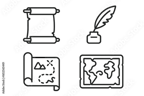 Historical mystery icons set. Outline vector illustrations of old parchment scroll, quill pen with ink, ancient treasure map, and vintage world map. Educational and documentary theme