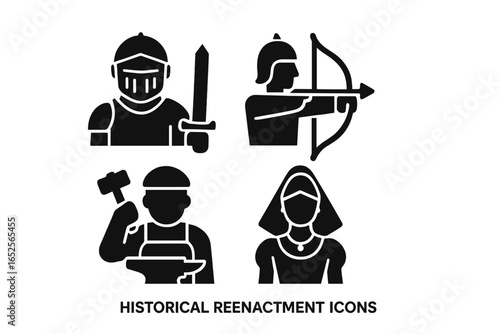 Historical reenactment icons set featuring solid knight, archer, blacksmith, noblewoman silhouettes, medieval roles, vintage costumes, vector illustration