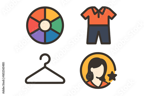 Fashion and shopping vector icon set. Collection includes color wheel for style matching, clothing outfit, wardrobe hanger, and customer rating user profile for web or app.