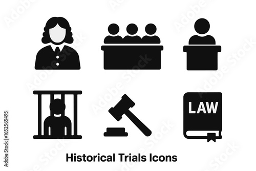 Historical Trials Icons Set, Solid Filled Vector Illustrations of Judge, Jury, Witness Stand, Defendant, Gavel, Law Book, Legal Symbols for Courtroom and Law Concepts