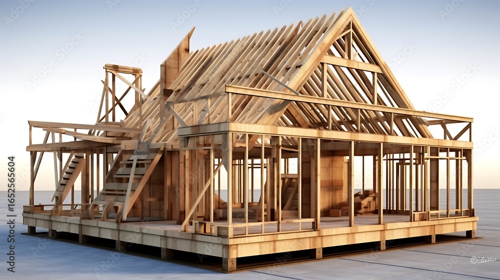 Fototapeta premium The skeletal structure of a tiny wooden house is positioned directly over the intricate lines of a building design, accompanied by rolled documents.