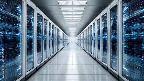 Server Room  Rows of computer servers in a high-tech data center for storage and processing. Network infrastructure featuring blue and white panels in a long row. .