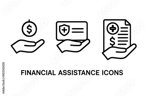 Financial assistance outline icon set. Health insurance card, medical bill, and money donation icons. Healthcare costs, payment support, and charity concept vector symbols.
