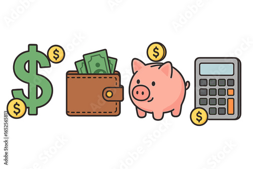 Financial icons for money management, budgeting. Vector cartoon illustration of dollar sign, wallet, piggy bank, calculator. Concepts for savings, personal finance, economy.