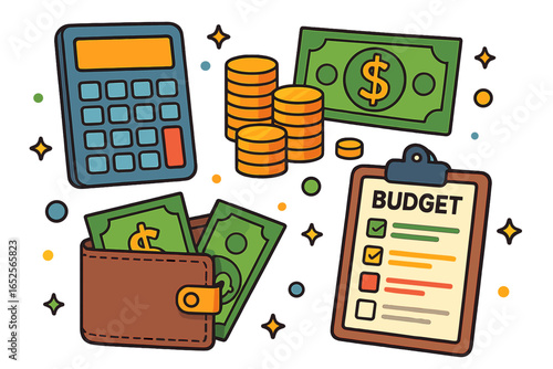Financial management and budget planning concept. Vector cartoon illustration set with calculator, wallet, cash, coins, and checklist. Personal finance, savings, economy, accounting.