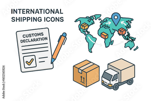 International Shipping Icons Vector Set with Customs Declaration Form, World Map Shipping Routes, Package and Delivery Truck Isometric Flat Design Illustration