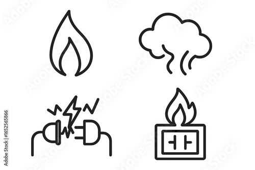 Fire hazard and electrical safety outline icon set. Minimal line art symbols for danger and warning. Includes flame, smoke, short circuit arc, and overloaded wall socket.