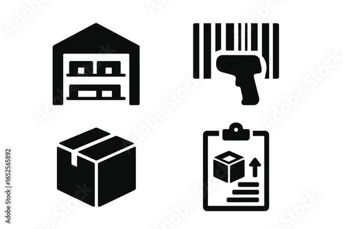 Inventory Icons Grid, Solid Filled Set of Warehouse Storage, Barcode Scanner, Product Box, Stock Level, and Shipping List Vector Illustration on Transparent Background