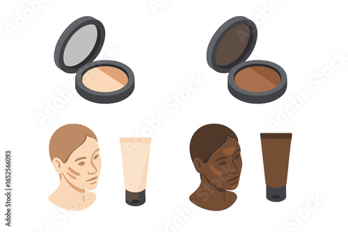 Isometric Makeup Icon Set for Contouring Diverse Skin Tones, Featuring Fair Powder, Medium Cream, and Dark Cream Foundations with Face Silhouettes