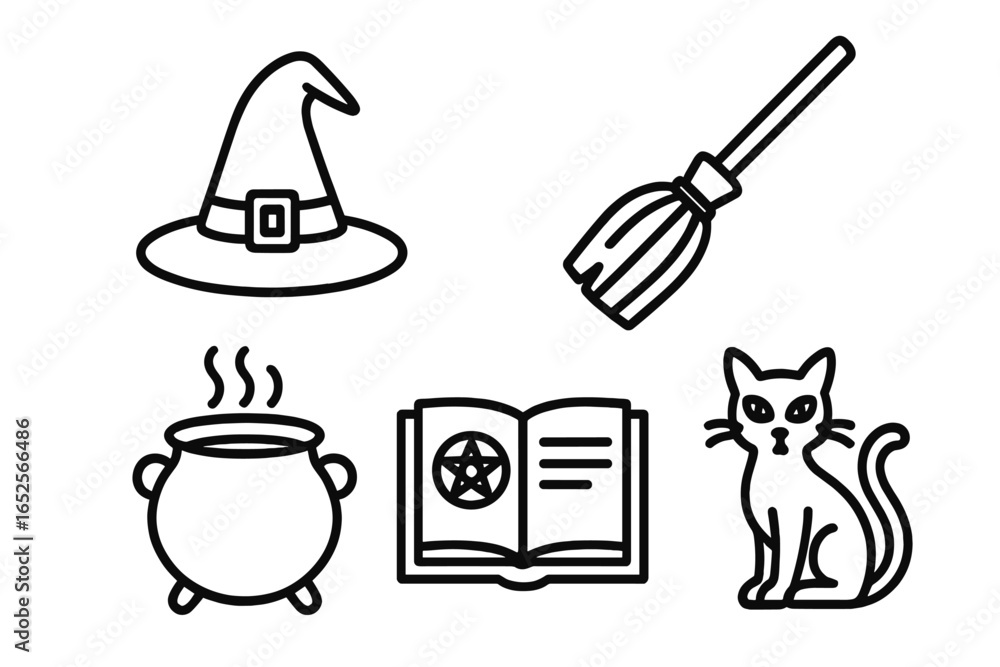 Obraz premium Witchcraft icon set. Magic elements. Gothic outline symbols. Witch hat, broomstick, cauldron, spellbook, pentagram, black cat. Halloween vector illustration. Esoteric.