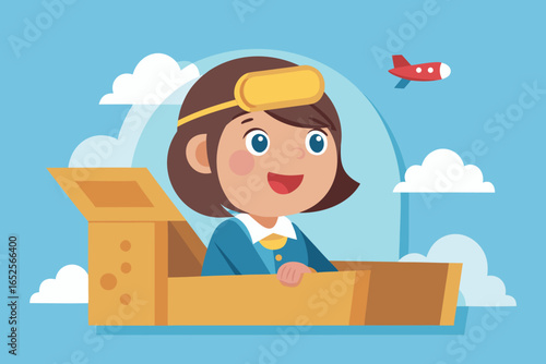 Girl in pilot uniform sitting in cardboard “cockpit” airplane, looking out window with dreamy eyes