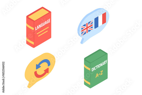 Isometric Language Icon Set Including Language Textbook, Speech Bubbles with Flags, Translation Arrows, and Dictionary A-Z Vector Illustration on Transparent Background