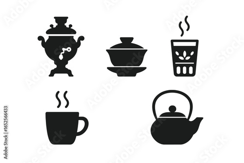 Global tea culture icon set. Vector symbols of international tea traditions. Black solid glyphs of Russian samovar, Chinese gaiwan, Japanese teapot, Moroccan glass, and mug.