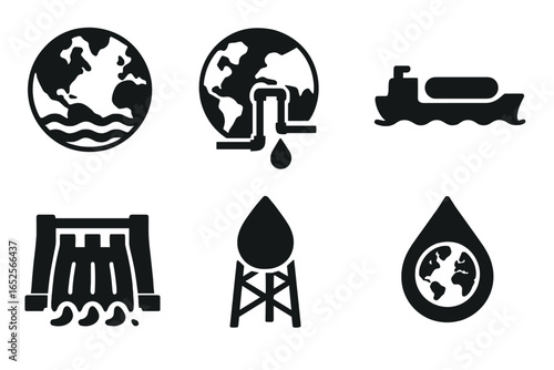 Global water supply and resources icon set. Solid glyph pictograms of earth globe, pipeline, tanker ship, hydroelectric dam, and water tower. Ecology conservation vector.
