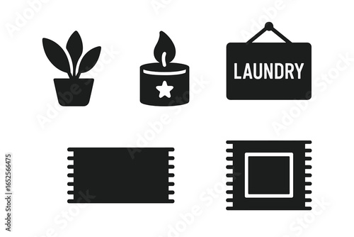 Laundry Room Icons Set, Solid Filled Vector Graphics of Laundry Decor, Houseplant, Scented Candle, Laundry Sign, Small Rugs, Comfortable Home Essentials Illustration