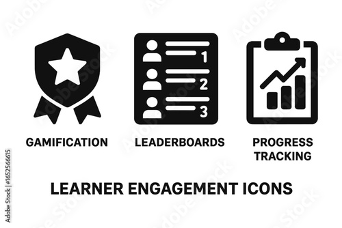 Learner Engagement Icons Vector Set with Gamification Badge, Leaderboards, and Progress Tracking Symbols for Educational and E-Learning Tools