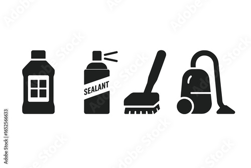 Grout maintenance solid icon set for cleaning and sealing. Floor care symbols include cleaner, sealant spray, scrub brush, and vacuum. Home improvement, DIY vector glyphs.