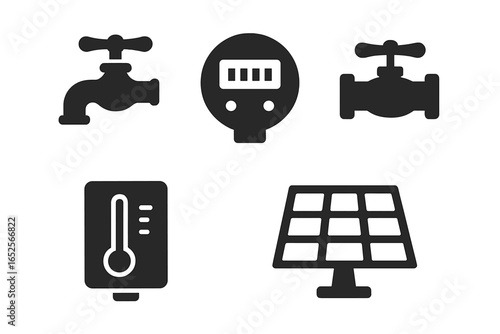 Home utilities icon set. Solid glyph icons of water tap, electric meter, gas valve, thermostat, and solar panel. Household energy and resource consumption symbols vector.