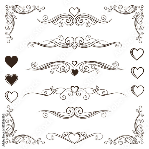Ornate heart themed divider elements and corner flourishes in a black and white illustration