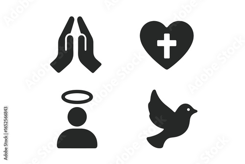 Human dignity solid icon collection. Glyph symbol set for human rights, social issues, charity, and equality. Vector illustrations of justice scales, peace dove, and faith concepts.