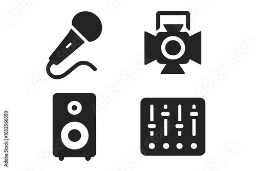 Live Performance Technology Icons, Solid Filled Vector Set Featuring Microphone, Stage Light, Speaker, and Mixing Console for Music and Event Production