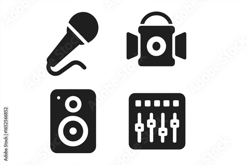 Live Performance Technology Icons Set, Solid Filled Vector of Microphone, Stage Light, Speaker, and Sound Mixing Console for Event and Music Production