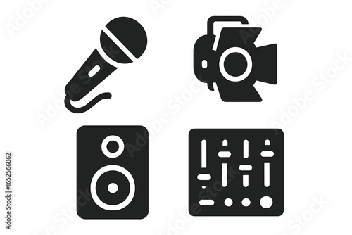 Solid filled vector icons set of live performance technology equipment including microphone, stage light, speaker, and mixing console, audio and music technology symbols