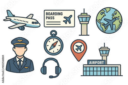 Aviation icon set for air travel and transport. Includes airplane, pilot, airport, boarding pass, control tower, and navigation elements. Vector cartoon flight symbols.