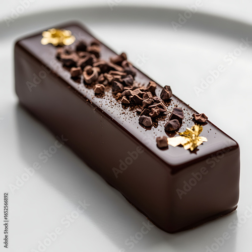 Gourmet dark chocolate dessert bar with cocoa nibs and gold leaf on a
