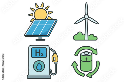 Renewable green energy icon set. Solar panel, wind turbine, hydrogen H2 fuel station, and recyclable battery. Sustainable technology concept vector illustration collection.