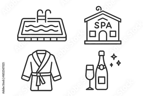 Luxury Resort Icons Outline Set of Wellness Spa Amenities with Infinity Pool, Spa Building, Plush Robe, and Champagne Bottle with Glass Vector Illustration