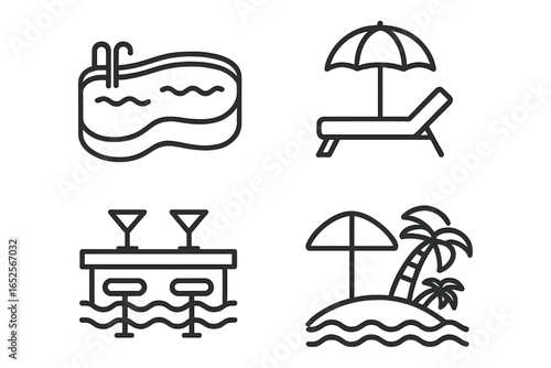 Luxury resort icons set with outline infinity pool, sun lounger with umbrella, swim-up bar with stools, tropical beach umbrella and palm trees vector illustration