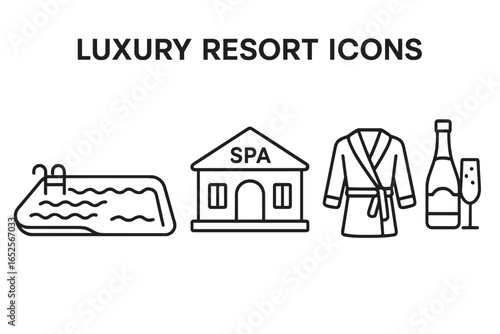 Luxury Resort Icons Outline Vector Set of Wellness Amenities Including Infinity Pool, Spa Building, Plush Robe, and Champagne Glass Illustration on Transparent Background