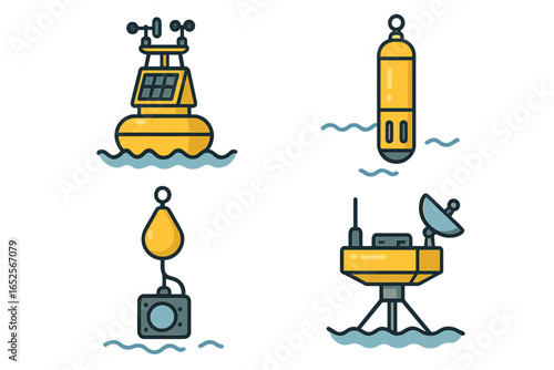 Marine monitoring buoy and sensor icon set. Oceanography research equipment for environmental data collection. Weather station, float, underwater camera, satellite vector illustration.