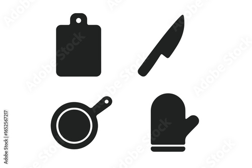Kitchen tools solid icon set. Culinary glyphs for cooking and food preparation. Vector symbols of cutting board, chef knife, skillet, and oven mitt for web or menu design.