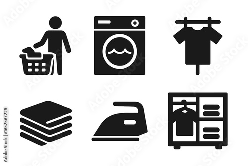 Laundry process solid glyph icons. Household chores and laundry service workflow. Sorting, washing machine, drying, folding clothes, ironing, and storing in a closet. Vector.